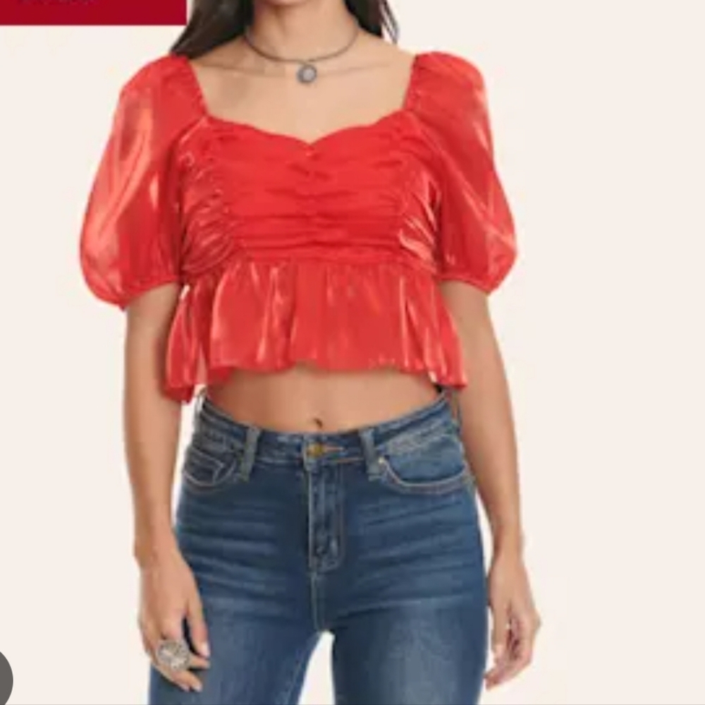 Resa Red Satin Elegant Orange Ruched Women's Top